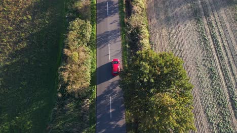 red car drives on country road