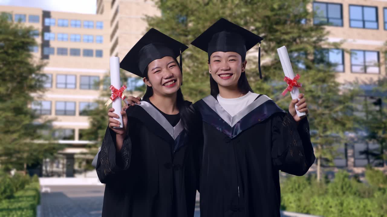 卒業証書を持った幸せな2人の卒業生