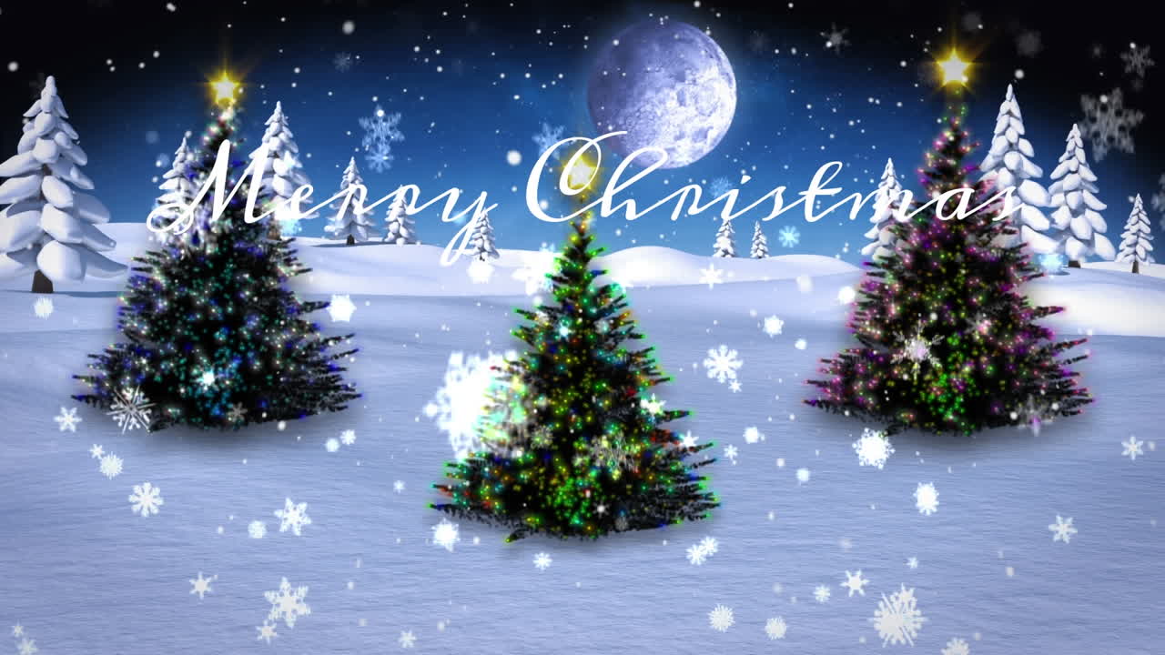 Merry Christmas text animation over decorated Christmas trees and falling snowflakes