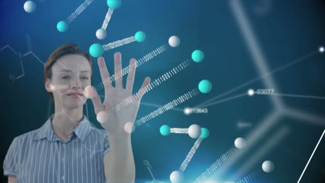 animation of caucasian woman touching 3d interactive screen with molecules formulae and data