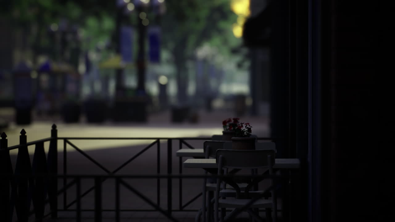 Quiet outdoor cafe area in the city during early morning hours
