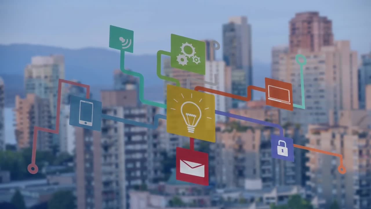 도시 풍경 위의 아이콘으로 연결된 네트워크의 애니메이션