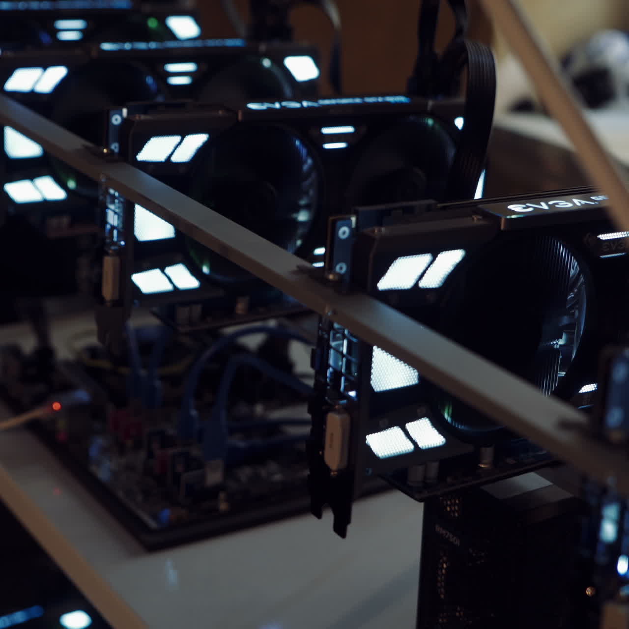 Farm for mining cryptocurrency on video cards. Virtual cryptocurrency concept. Electronic money mining concept