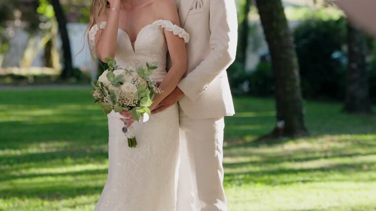 Bride and groom holding bouquet in elegant garden, close embrace with soft lighting