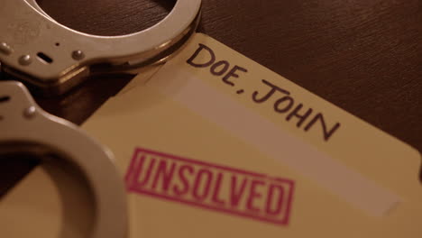 close up tilt down of an unsolved cold case file with john doe written on it