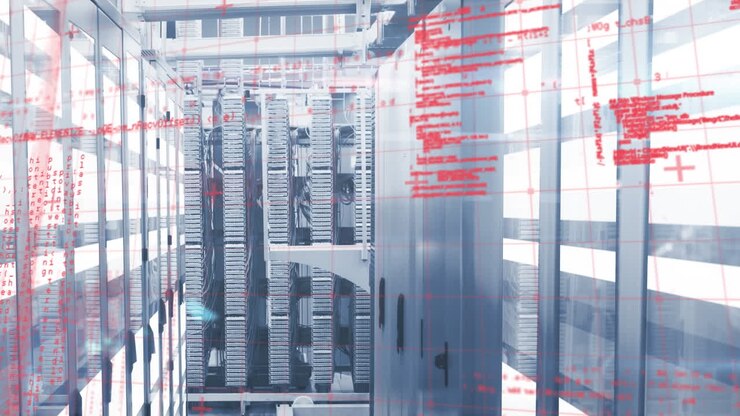 Animation of subscribe text with data processing over building construction site