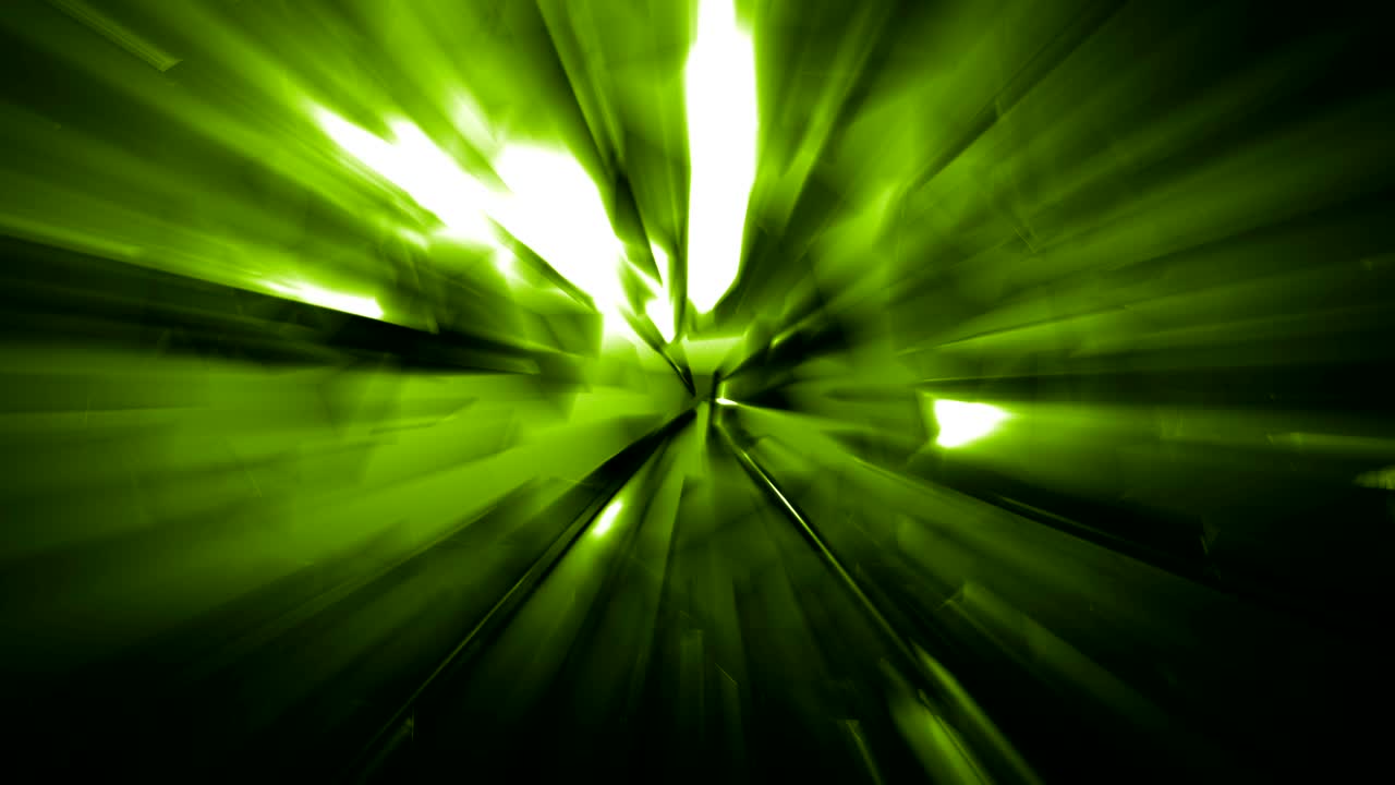 4k Grön energieffekt bakgrund med kraftkälla teknik som sprider geometriska former, trianglar och rektanglar, samt ljusläckage från energikällan före explosionen, loopbar video, sci-fi, techno, musikevenemang, energi, transport, firandekoncept