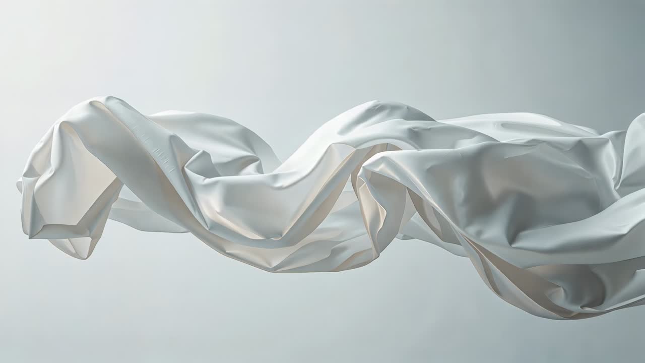 Drifting sheer white fabric undulating, rotating across pale gray studio backdrop with left light
