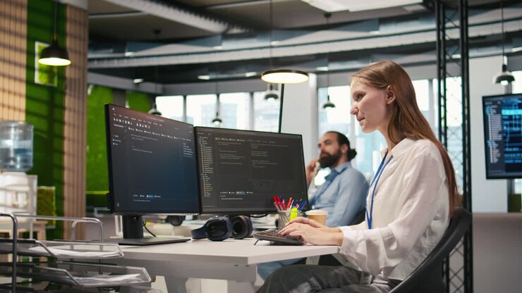 Happy Female Programmer Dancing On Office Desk Chair