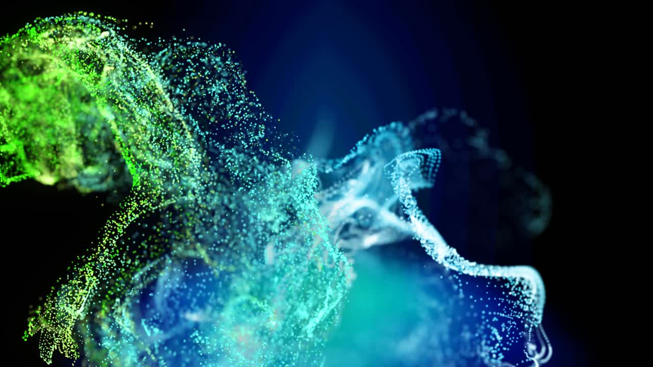 Animation of green and blue particle clouds moving on black background