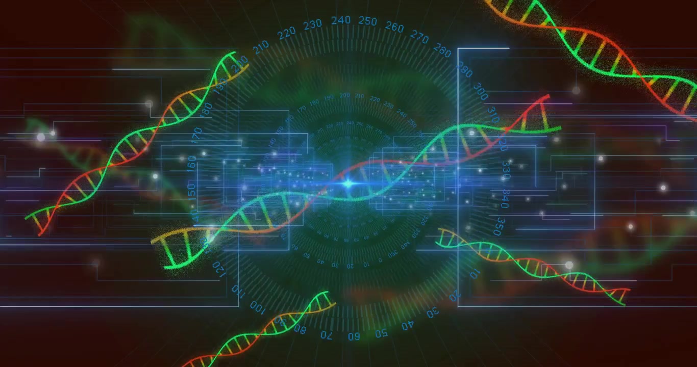 Bright blue node pulsing circuits, spawning helix strands orbiting scale showing digital data