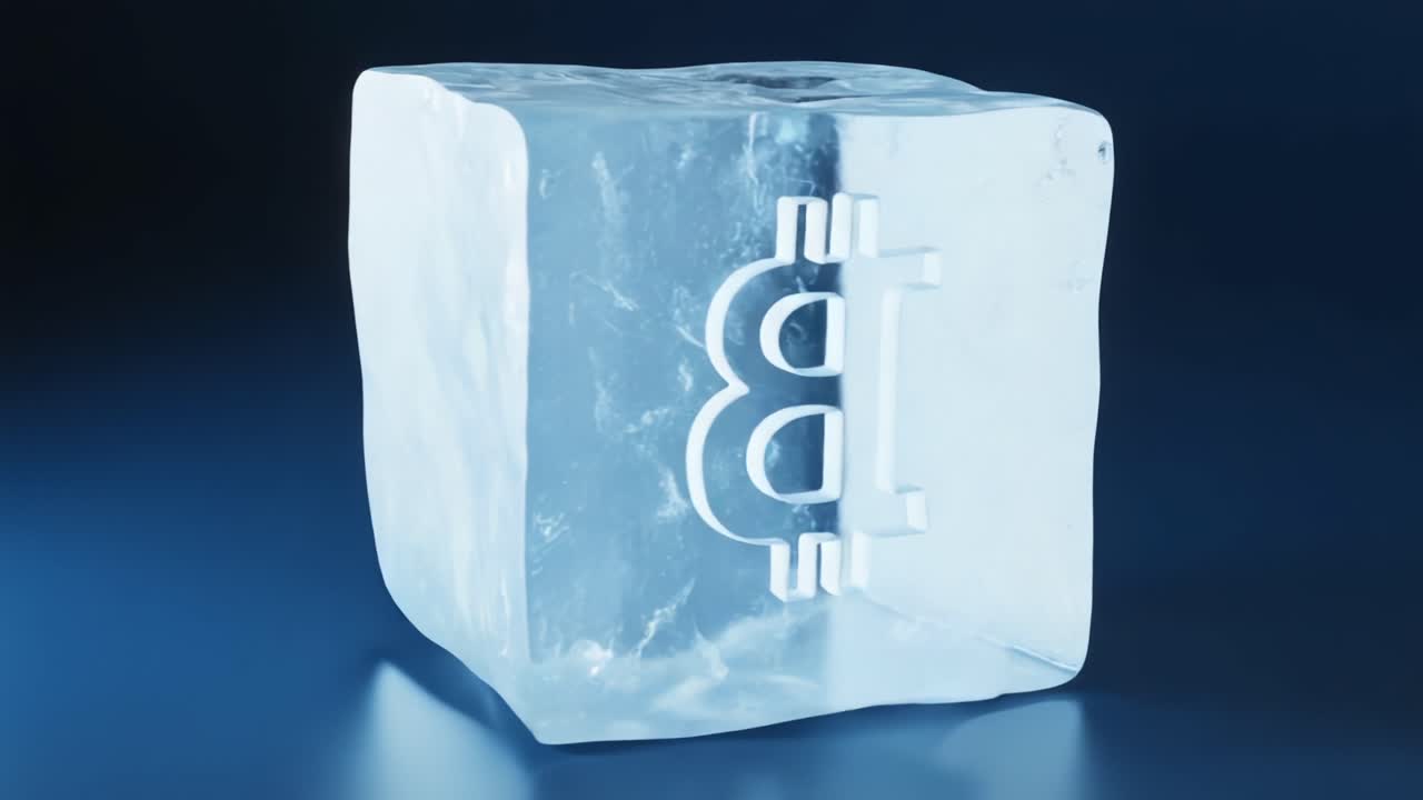 Um bloco de gelo de Bitcoin cristalino: simbolizando a fragilidade e a transitoriedade da criptomoeda em um formato congelado