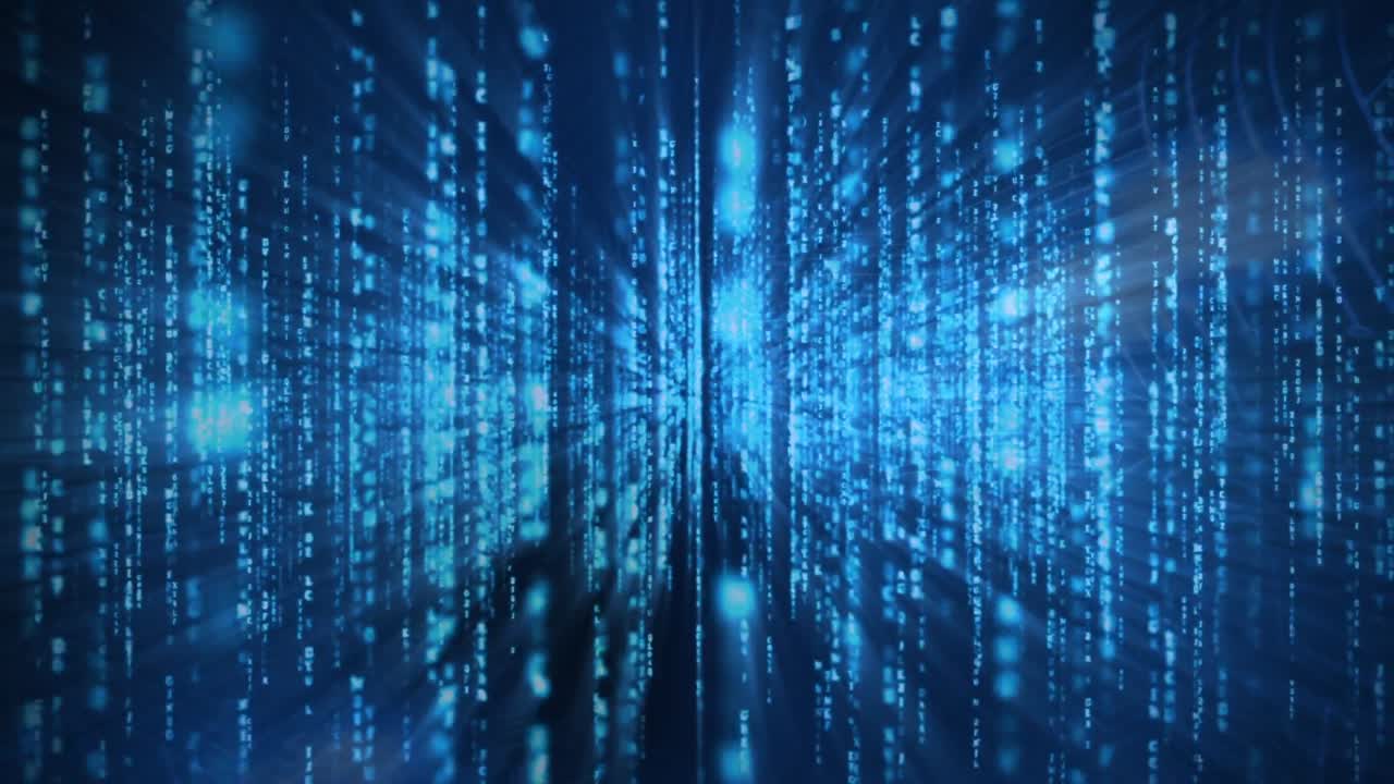 Animation of data processing and binary coding over blue background