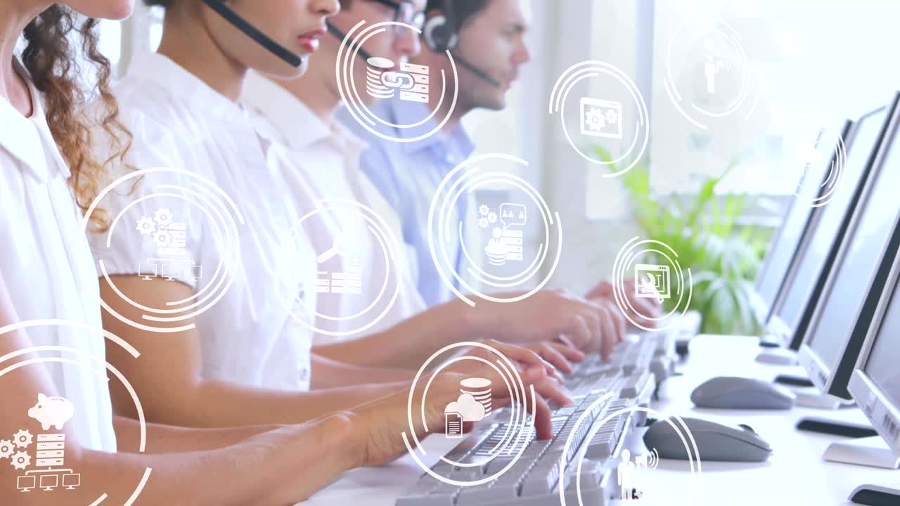 representantes del centro de llamadas y diferentes iconos 4k