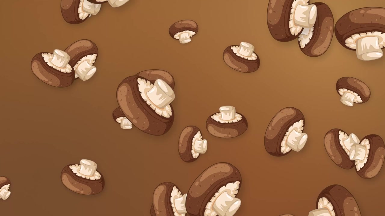 Funghi marroni stilizzati cadono continuamente su uno sfondo sfumato marrone caldo in un loop continuo