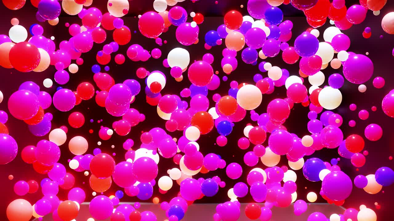 Composición abstracta de bolas de colores en el aire, que se iluminan aleatoriamente y se reflejan entre sí. Esferas multicolores en el aire como un fondo oscuro geométrico simple con efectos de luz.