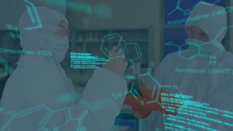 Chemical-formulas-animation,-scientists-in-protective-suits-in-laboratory