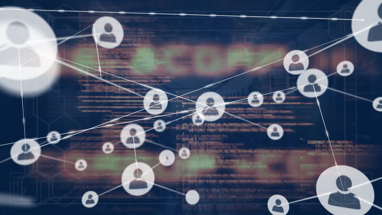 Animation of network of connections with icons and data processing over server room