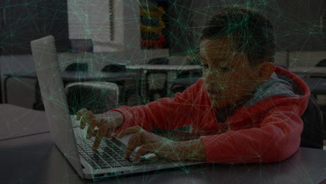 animation of network of connections over biracial schoolboy using laptop