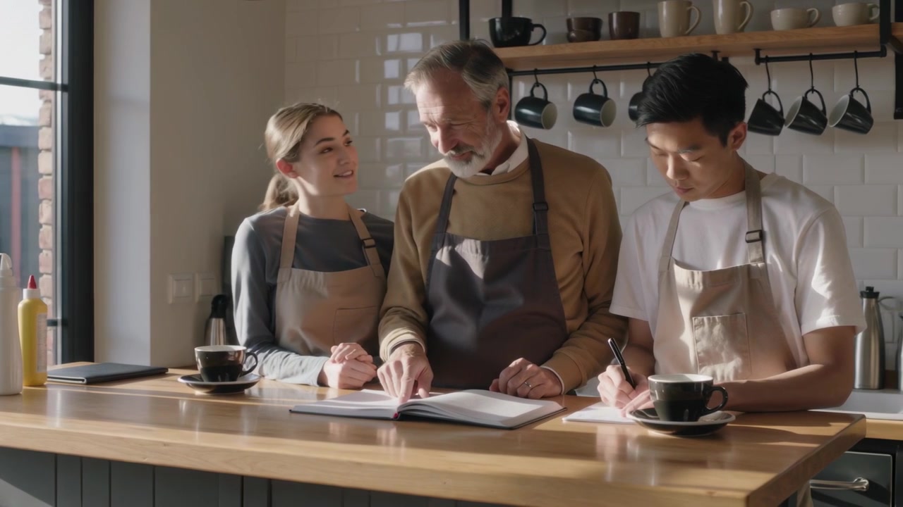 Un anziano con grembiule scuro che indica, mentre addestra tirocinanti del caffè con grembiule chiaro che prendono appunti al bancone, con un quaderno aperto.