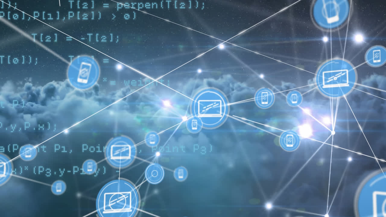 Animation of network of connections and digital icons against data processing and clouds