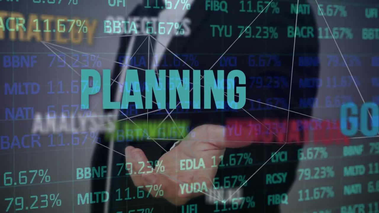 animación de texto de gestión empresarial sobre empresario utilizando interfaz y procesamiento de datos financieros