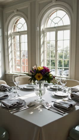 elegant floral centerpiece on a set dining table with natural light