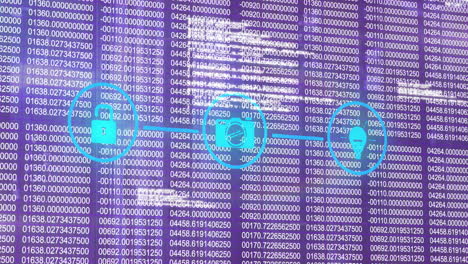 animación de procesamiento de datos digital sobre código binario e íconos azules sobre fondo púrpura