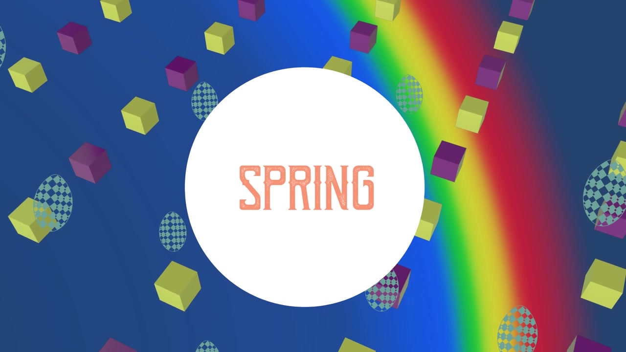Animation of spring text over egg icons and colorful shapes