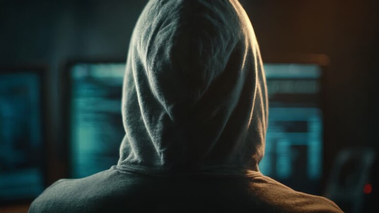 En mystisk skikkelse i en hættetrøje fordybet i et mørkt, digitalt miljø oplyst af skærmens lys, der fremhæver temaer som cybersikkerhed og anonymitet