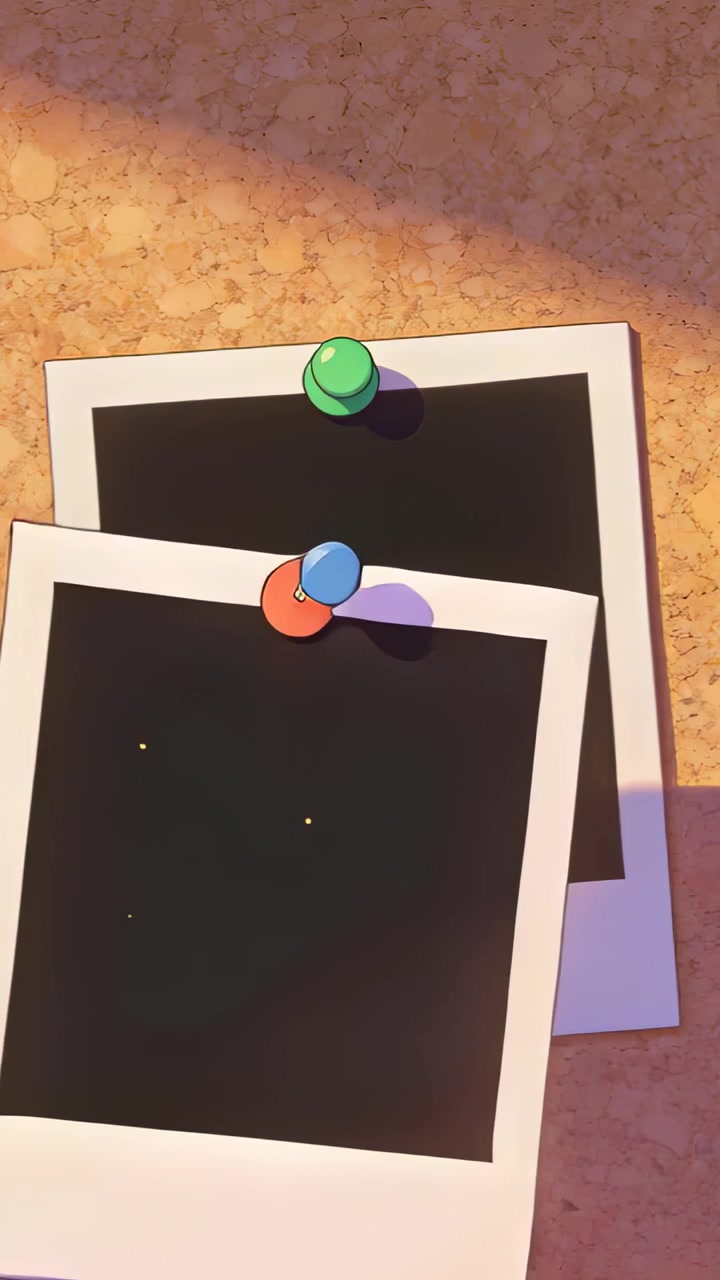 Video verticale: Nastro adesivo che si stacca facendo inclinare una stampa Polaroid fissata con una puntina su una bacheca di sughero, esponendo il retro della stampa