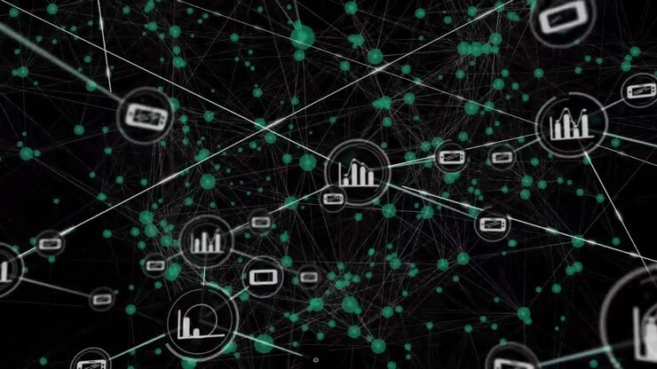 Animation of network of connections with icons on black background