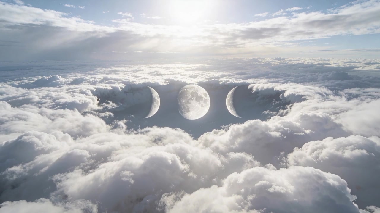 Moving camera advancing over cloud deck to frame three lunar discs centered in gap