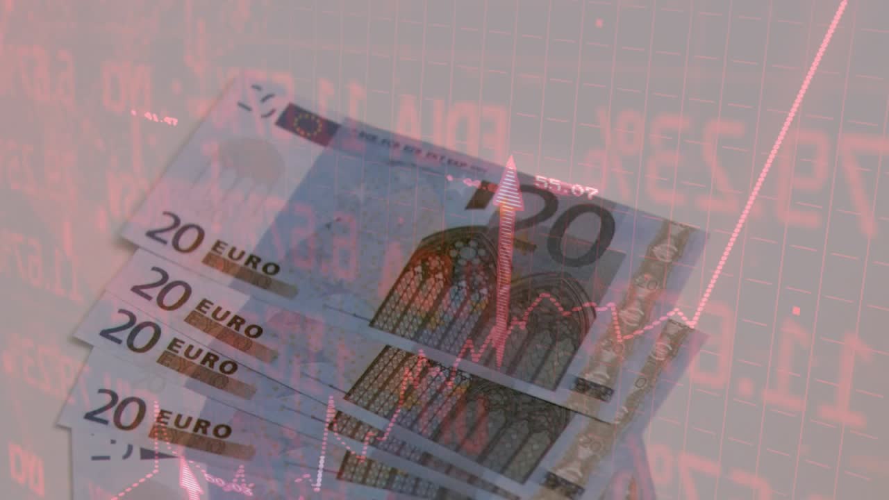 Markedsopsving forårsager, at 20-eurosedler glider opad og spreder sig over et rødt gitter, der viser stigende afkast.