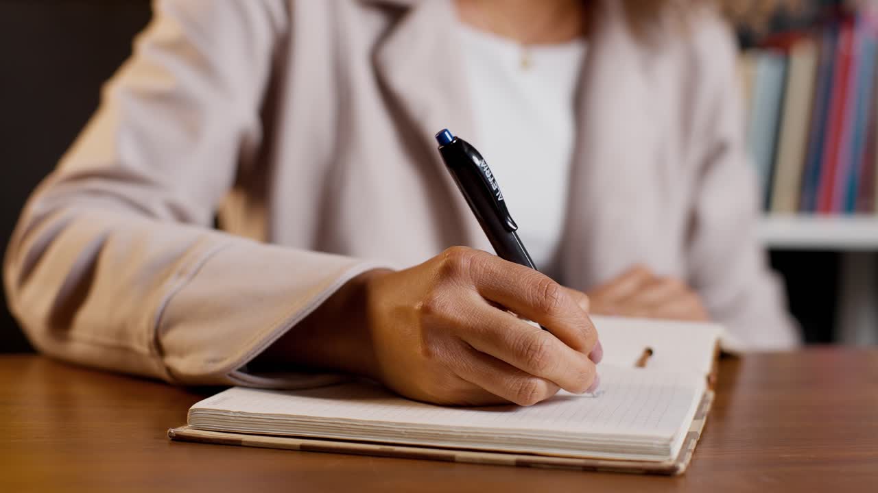 Close up hands opening notebook and writing on desk