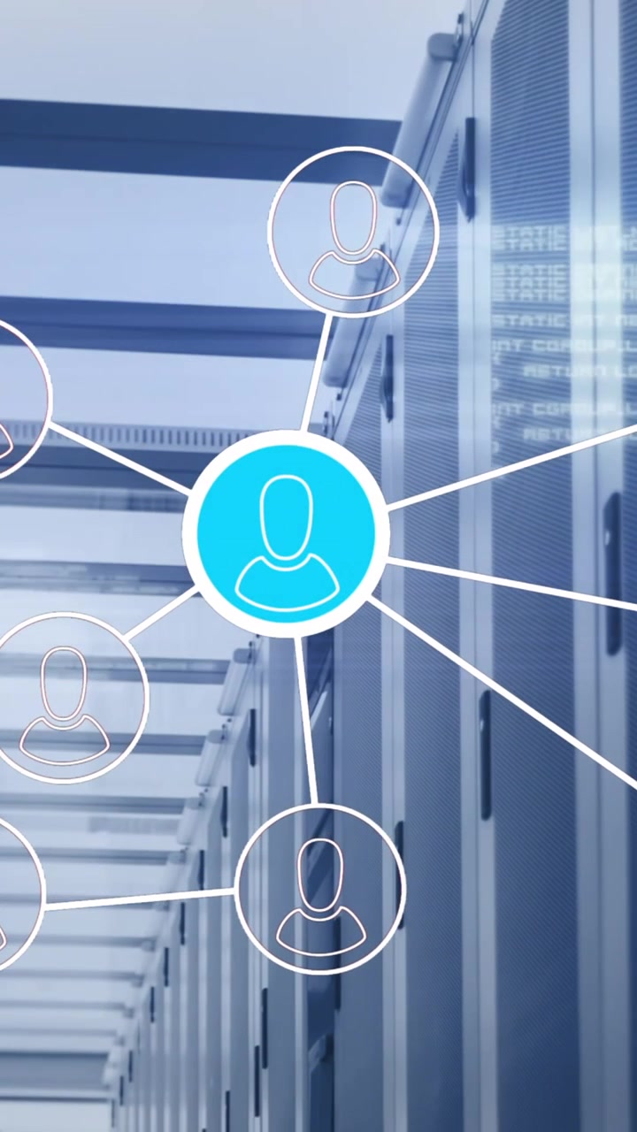 Animation of people icons and data processing over computer servers