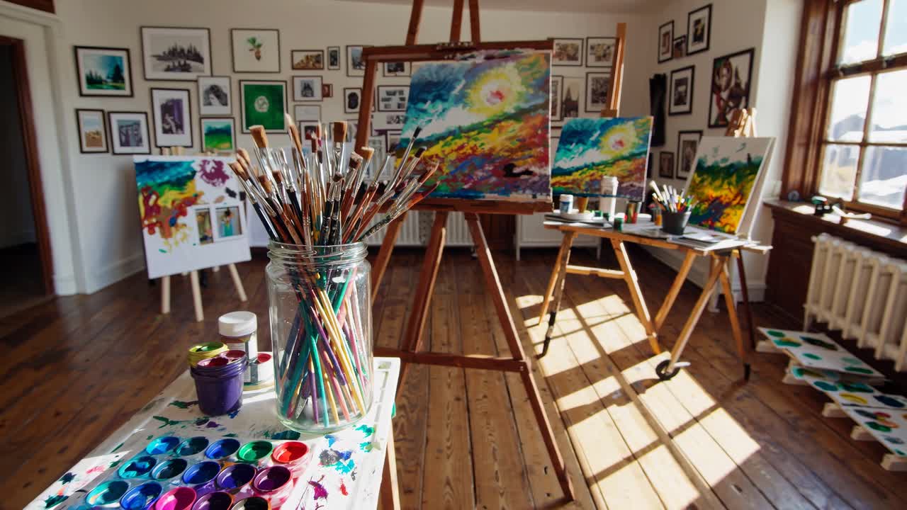 Wide-angle video shot of a vibrant art studio with colorful paintings and brushes