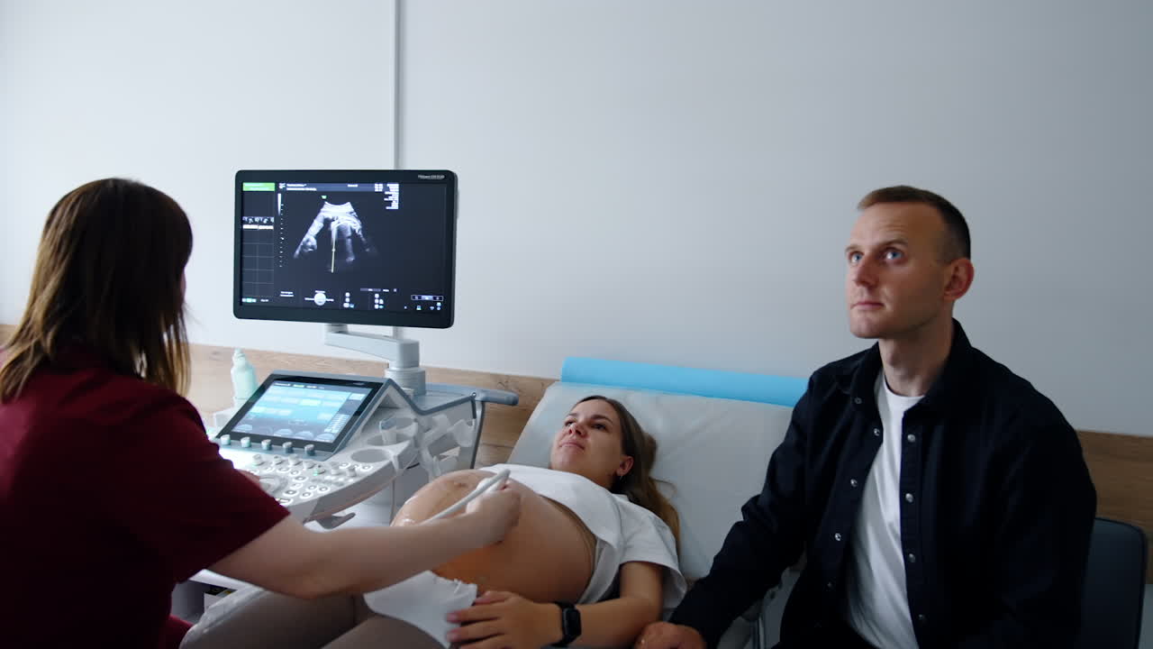 Female doctor performs ultrasonic check for pregnant woman. Expecting parents look attentively on the monitor.