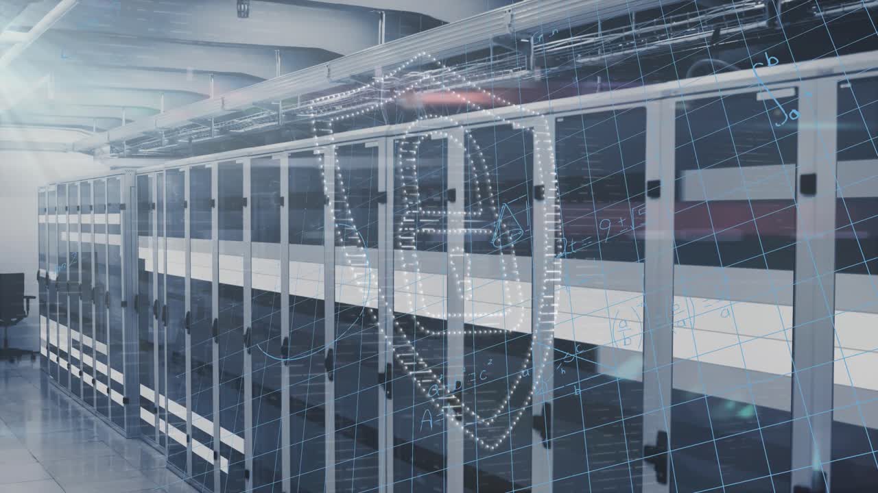 Animation of security padlock icon and mathematical equations against computer server room