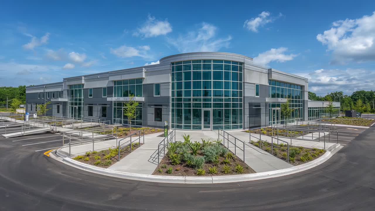 Camera capturing 2-story office complex while clouds drifting over glass atrium for facade study