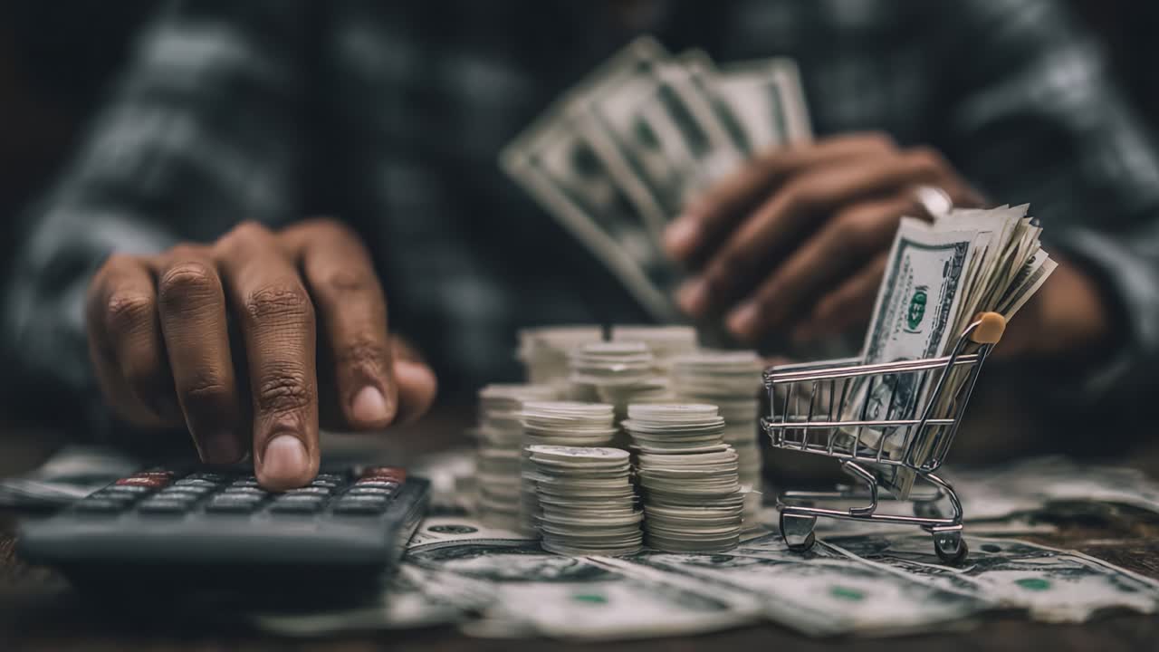 Uno sguardo ravvicinato alla gestione del denaro: Calcolo delle finanze con contanti, monete e un carrello della spesa in miniatura pieno di banconote da un dollaro.