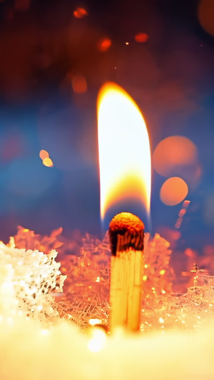 Match Flame Illuminating Snow During Winter Evening. A single match burns brightly against a backdrop of fresh snow under evening light. Vertical video