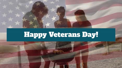 Animation-of-veterans-day-text-over-flag-of-united-states-of-america-and-diverse-friends-barbecuing
