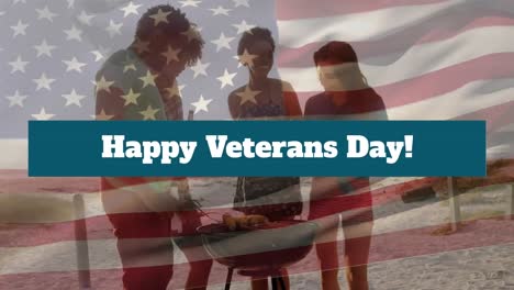 animation of veterans day text over flag of united states of america and diverse friends barbecuing