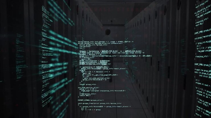 Animation of data processing over rear view of male engineer walking in computer server room