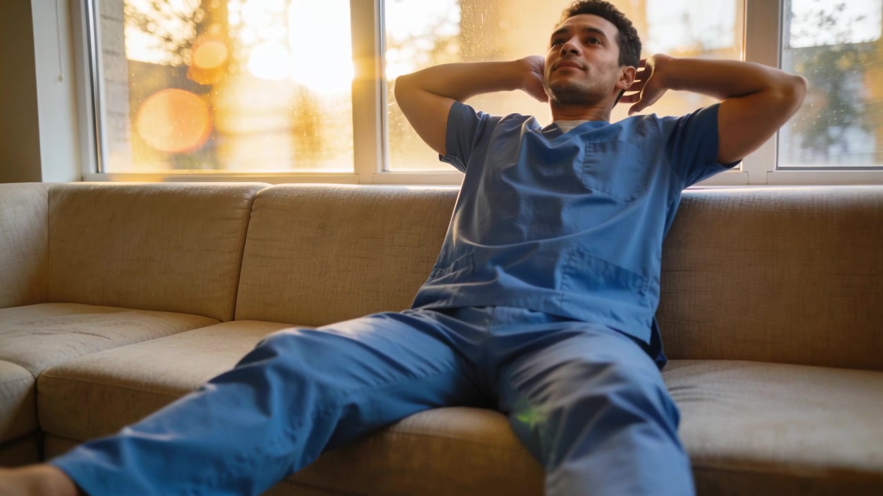 Entering, man wearing blue scrubs flopping onto beige sofa near large window, resting after shift