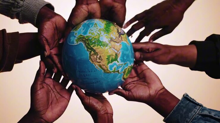 Aerial view of diverse hands holding a globe, symbolizing unity and global connection