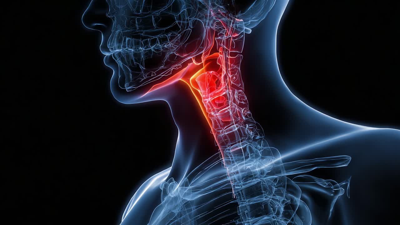 Visualizzazione dettagliata a raggi X dell'anatomia del collo umano, che evidenzia la colonna cervicale e le strutture della gola in una presentazione illuminata.