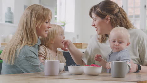 Gleichgeschlechtliches-Weibliches-Paar-Beim-Gesunden-Frühstück-Zu-Hause-Mit-Tochter-Und-Kleinem-Sohn