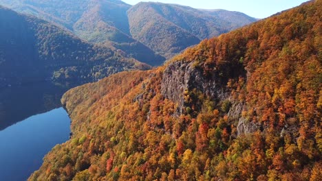 Panoramic-aerial-view-over-lake-Tarnita,-Romania,-surrounded-by-colorful-autumn-trees